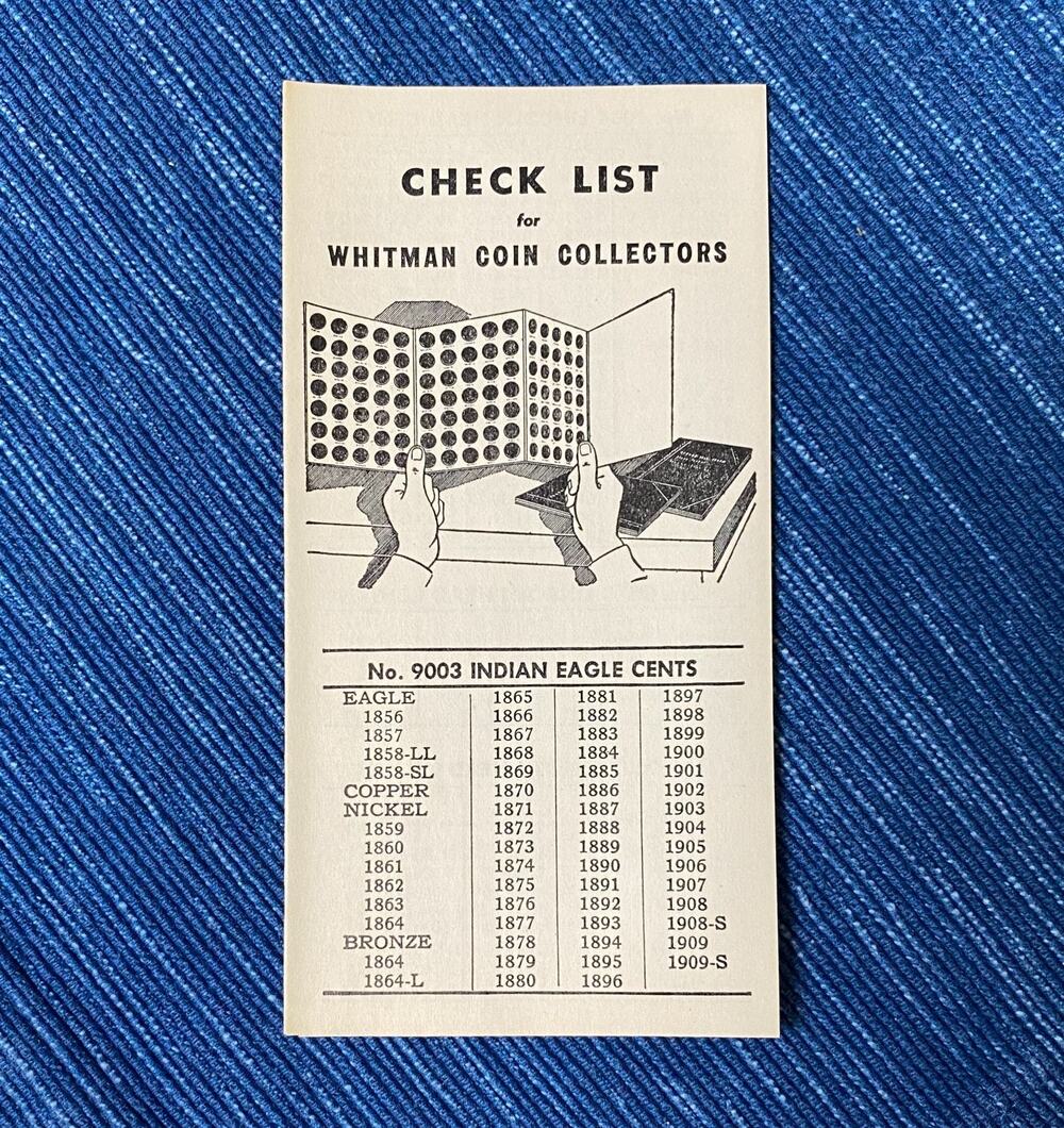 Vintage Whitman Coin Collectors Checklist No. 9003 Indian Eagle Cents Guide 90B